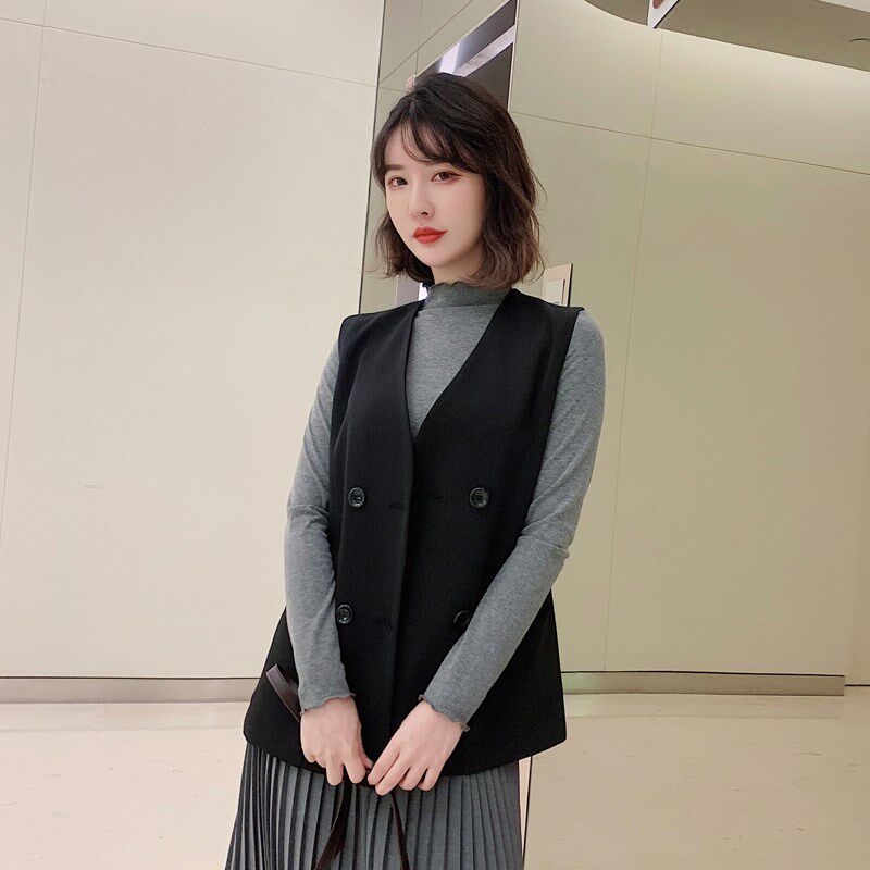 黑色西装马甲背心外套女短款春秋气质休闲小个子V领西服马夹外穿