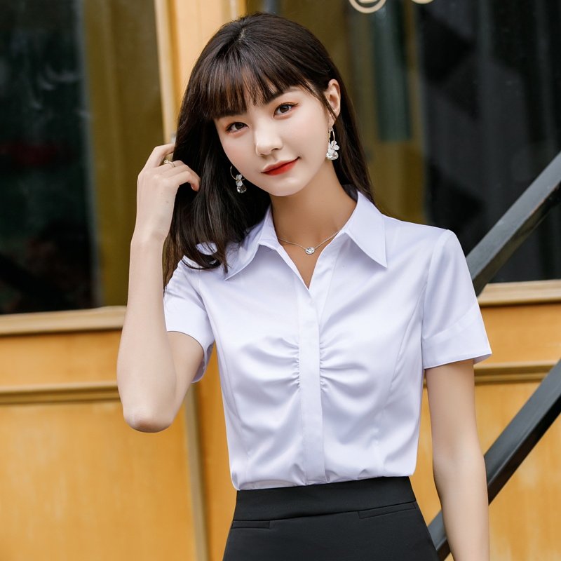 短袖白衬衫女春夏V领褶皱防走光不透职业衬衣气质正装上衣工作服