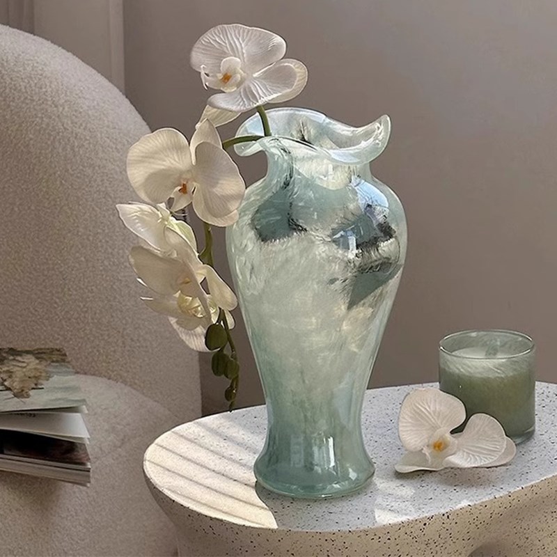 U Mi LIVING婉约花瓶透明玻璃复古花边插花器瓶摆件客厅装饰品