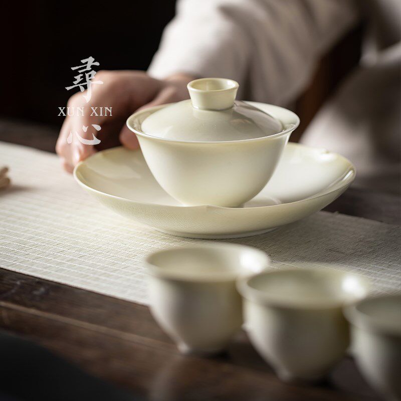寻心中式复古青灰釉二才盖碗茶杯陶瓷家用手抓不烫手宽口小号茶碗
