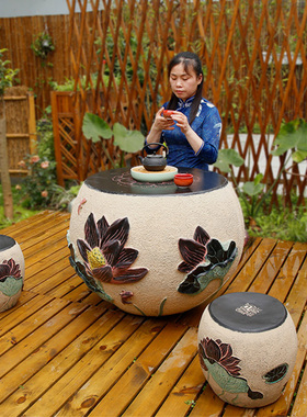 别墅庭院装饰摆件小院子阳台禅意茶桌凳子组合户外荷花茶几套装