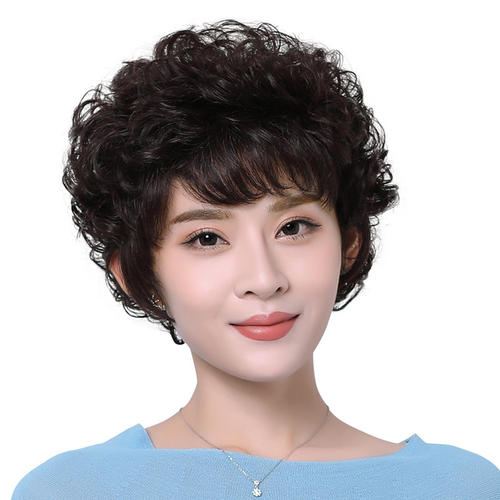 真发假发女短发短卷发真人发丝中老年透气自然蓬松修脸妈妈假发套