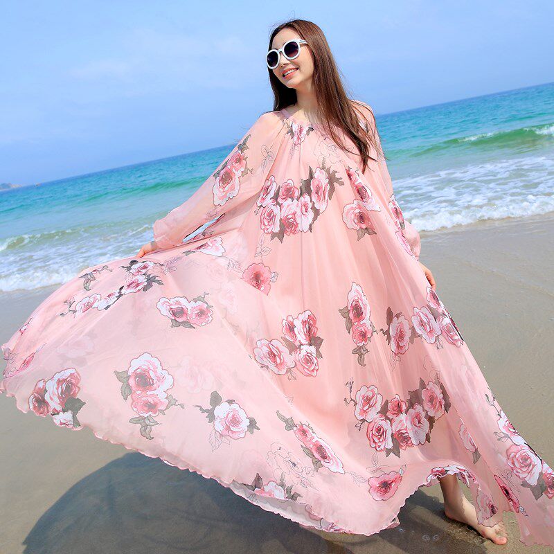 新款海边沙滩度假裙旅行宽松夏大码长袖雪纺连衣裙碎花仙女裙