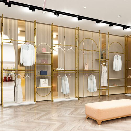 金色服装店展示衣架不锈钢拉丝陈列落地女装双层货架高柜挂衣杆架