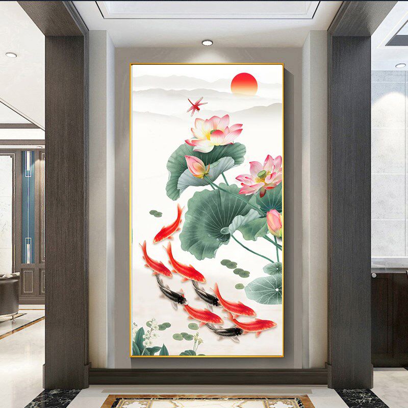 中式客厅走廊过道玄关装饰画竖版单幅挂画荷花九鱼图招财壁画灯画