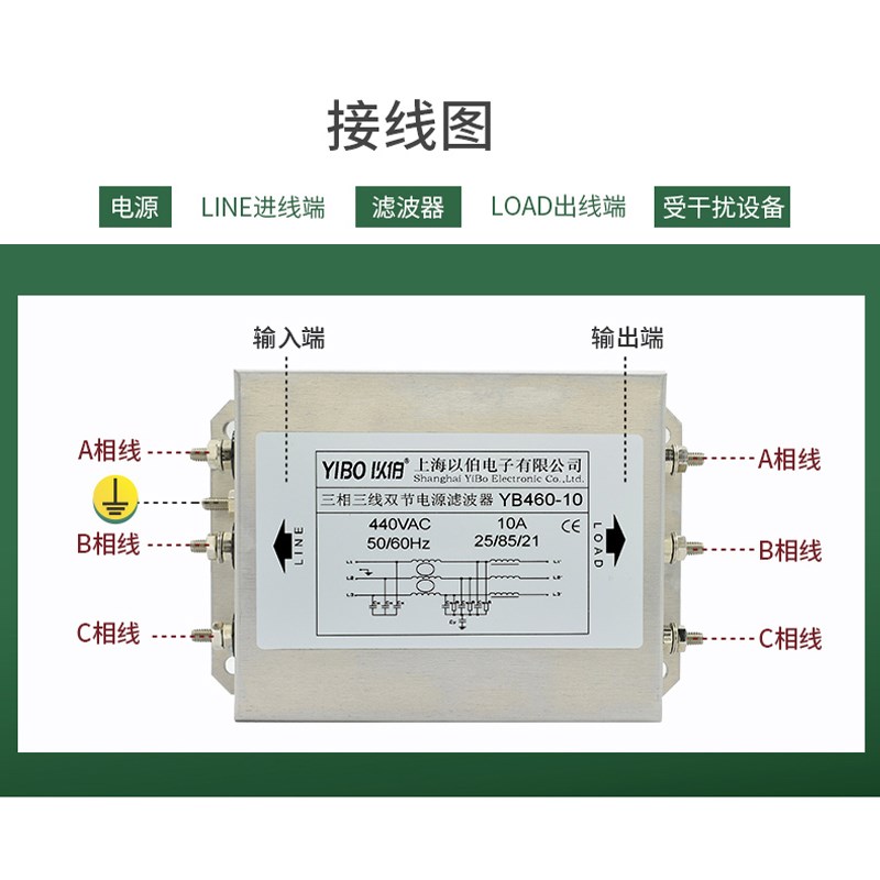 以伯三相三线380V双节电源滤波器变频器伺服YB460-5A10A20A30A