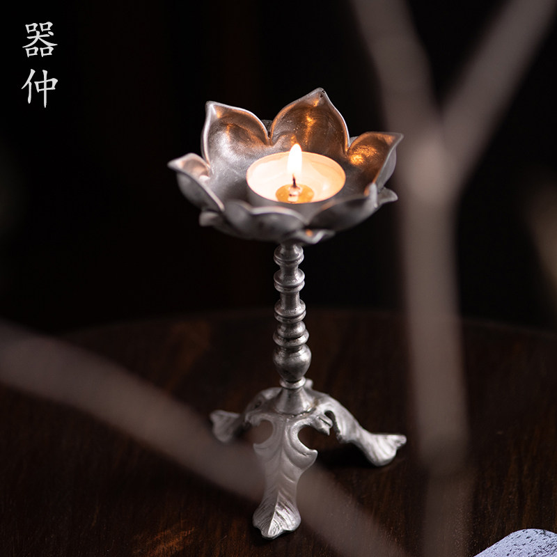 器仲锡师傅纯锡烛台复古手作辽代莲花高脚蜡烛台高端茶室禅意摆件