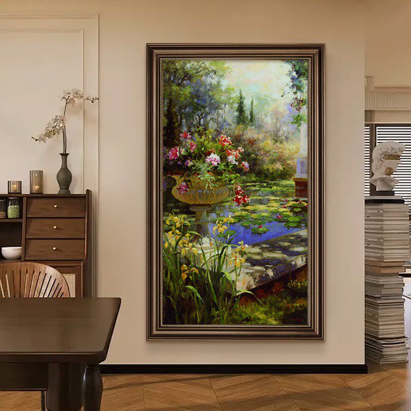 手绘油画荷花玄关装饰画复古风景走廊过道挂画欧式睡莲壁画高级感