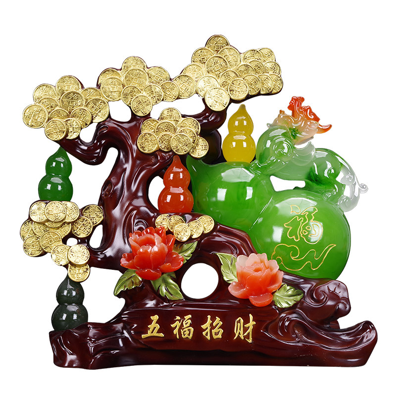 中式风格玉葫芦招财摆件红玉色五福招财树可定制家居艺术摆件