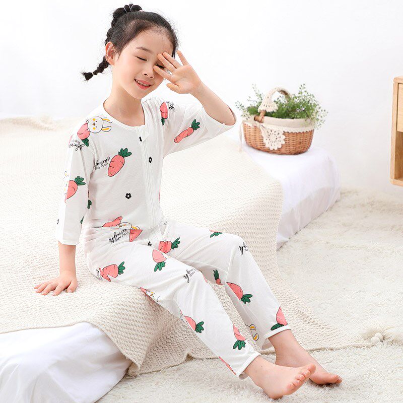 儿童防踢睡衣竹纤维5女童大童拉链大码连体衣夏季超薄3女孩空调服