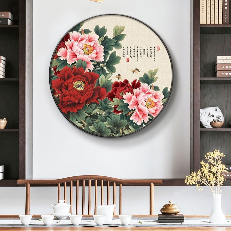 网红牡丹装饰画玄关壁画轻奢客厅走廊国画过道尽头餐厅挂画圆形新