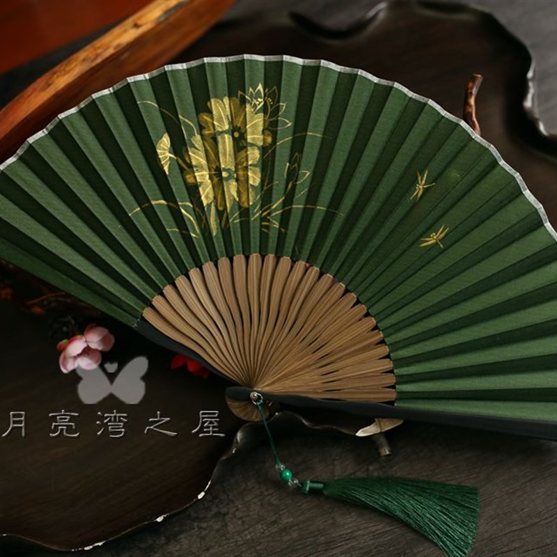 月亮扇 中国风7寸男扇女扇手绘金色竹林夏季折叠扇子汉服折扇日用