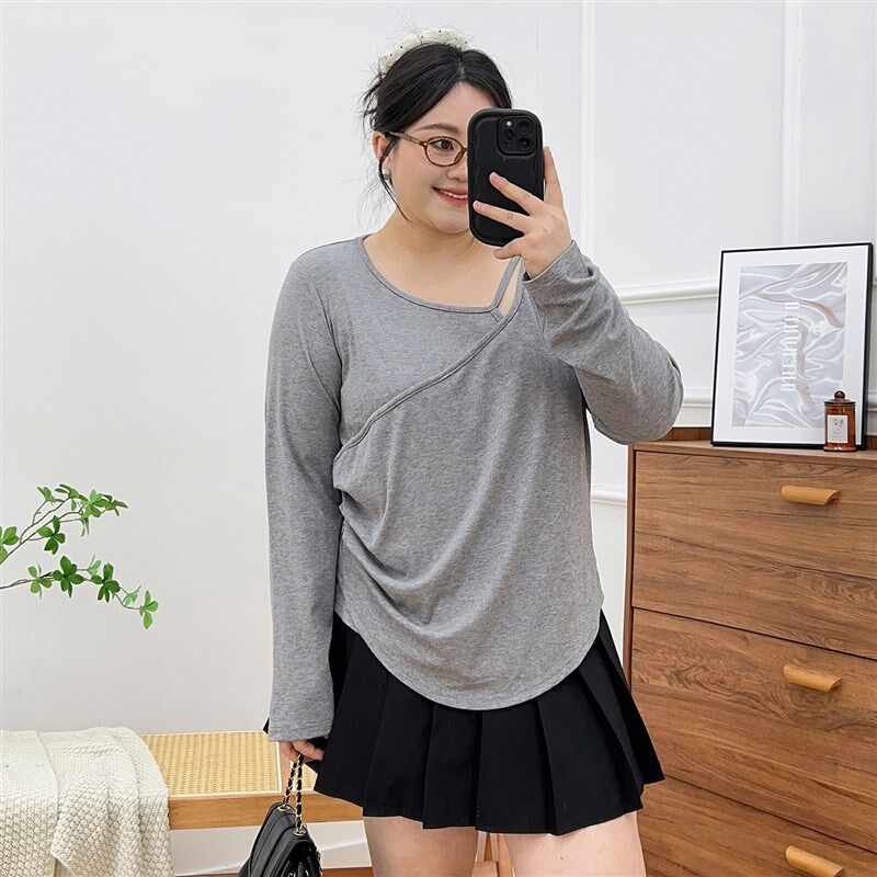 胖mm大码女装镂空T恤长袖简约百搭法式淑女卫衣遮肚子显瘦上衣女