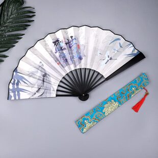 折扇男中国风绢布古典折叠舞蹈扇礼品定制10寸头青竹夏季 随身扇子