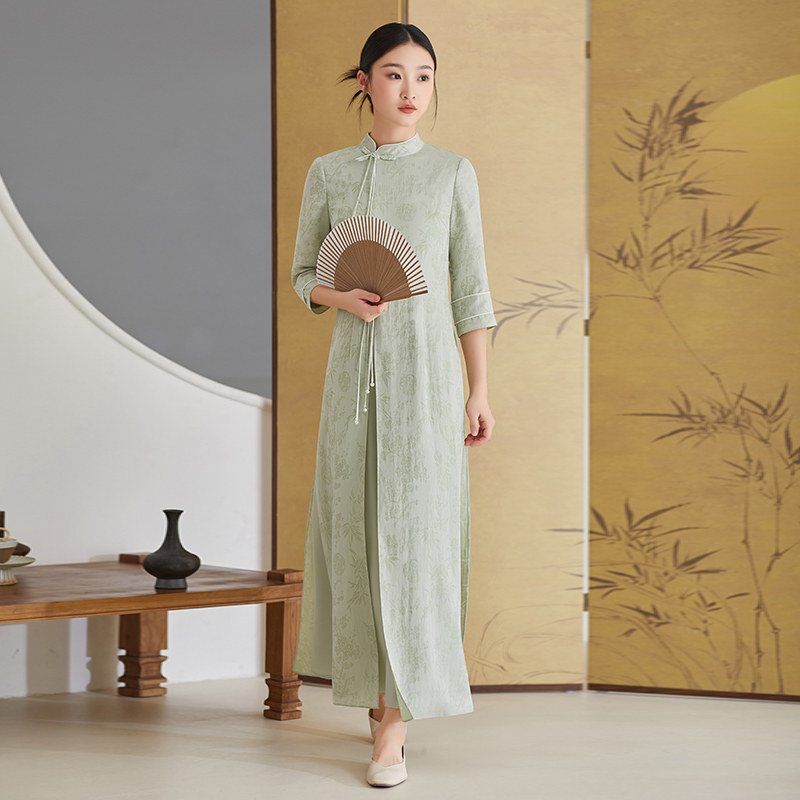 森莲复古新中式改良旗袍连衣裙仙气盘扣高级绿色禅意茶服女夏季