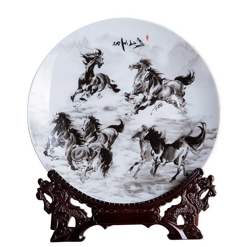 景德镇陶瓷器水墨八骏马图十寸装饰挂盘坐盘家居博古架办公室摆件