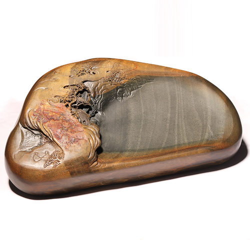 非遗安徽歙砚高档手工立体浮雕山水大砚台济源坑鱼卵金晕天然原石