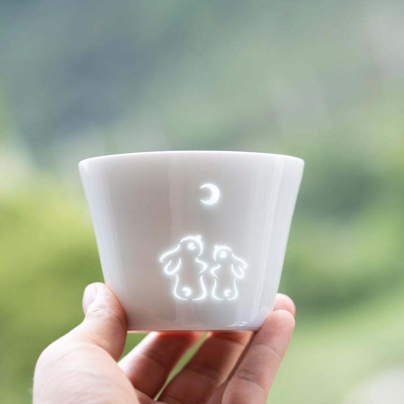 创意礼物玉兔望月玲珑杯拉花咖啡杯陶瓷茶杯水杯家用高颜值礼品杯