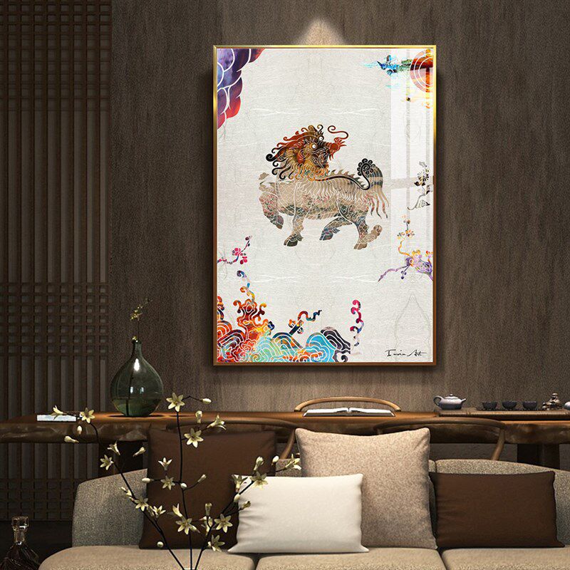 晶瓷画新中式装饰画麒麟挂画轻奢客厅玄关背景墙中国风三联画年画