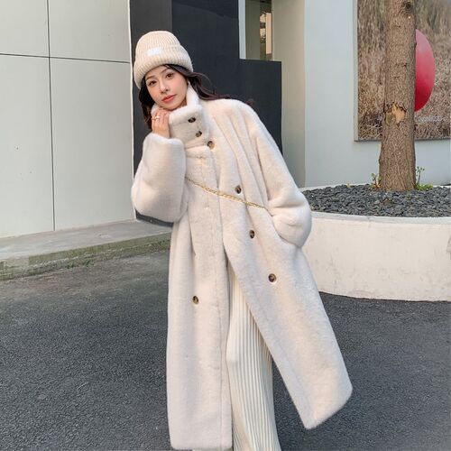 长款水貂毛外套女2024冬季新款双排扣仿皮草毛毛大衣加厚毛绒衣服