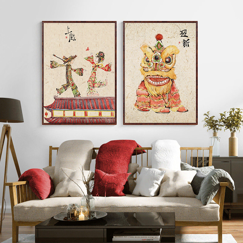 新年春节年画新中式装饰画中国风客厅餐厅背景餐桌中国结娃娃网红