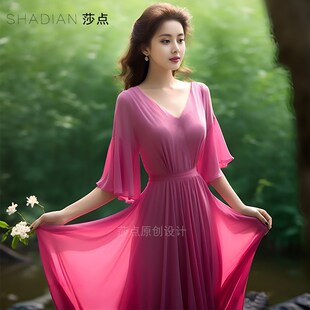 高级感海边度假沙滩裙 玫红色连衣裙雪纺长裙收腰显瘦大摆裙五分袖