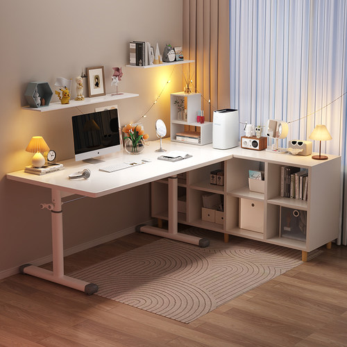 升降书桌书架一体学生家用电脑桌卧室书桌L型办公桌半包围桌子