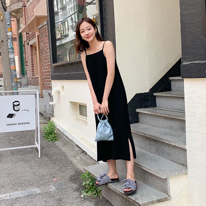 春夏黑色复古方领细肩带内搭吊带背心裙A字宽松中长款连衣裙打底