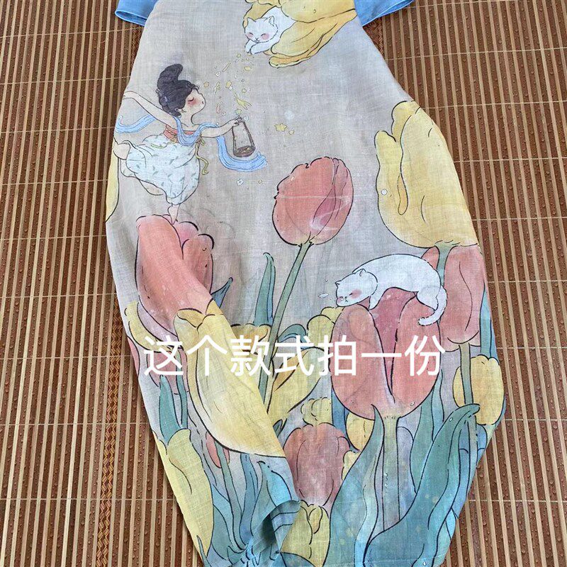 郁金香女孩100支纯苎麻布料空气洗定位花型木子原创版权面料