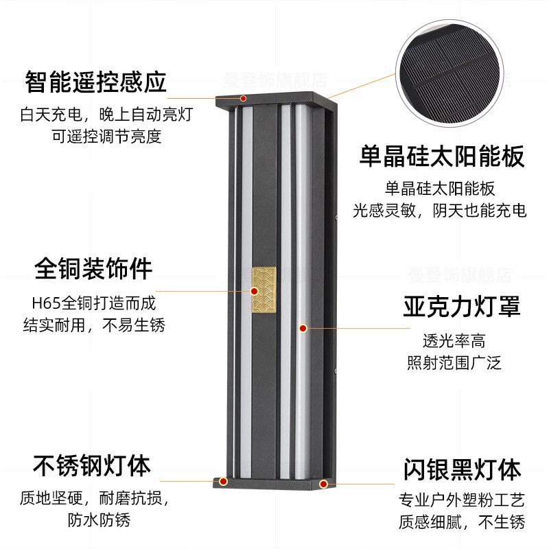 别墅大门户外壁灯太阳能防水室外花园庭院防雨长壁灯新中式铜壁灯