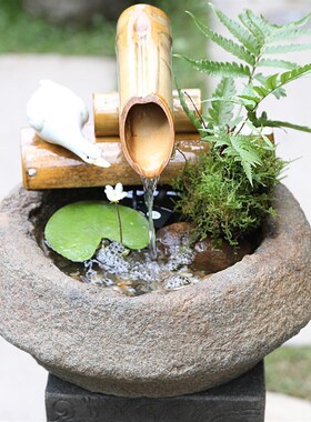 竹排子筒流水循环石槽养鱼盆增氧加湿摆放件庭院户外客厅阳台造景