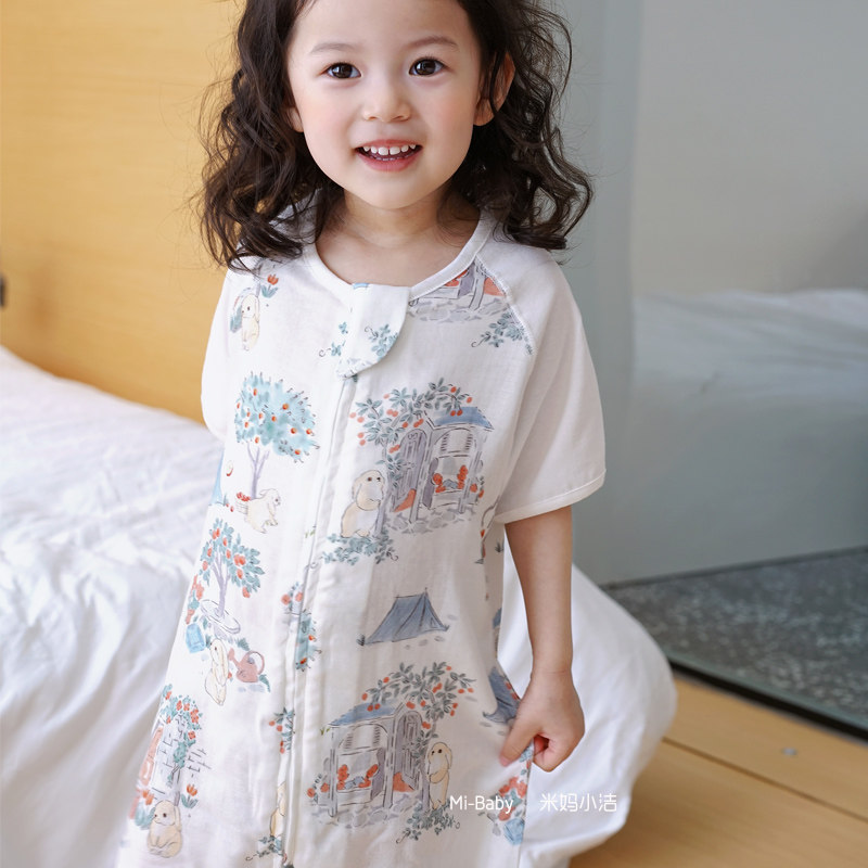 儿童连体睡衣两层纱布睡袋宝宝夏季婴儿连体衣空调房夏天薄款夏季