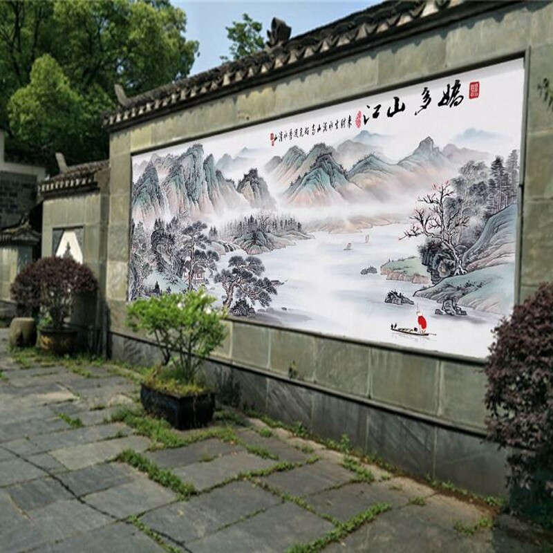 农村大门庭院影壁墙照壁墙瓷砖壁画背景户外迎门墙装饰山水风景画
