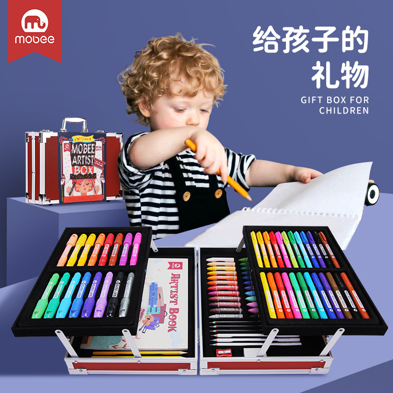mobee儿童水彩笔画笔礼盒蜡笔画画工具小学生绘画套装美术彩色笔