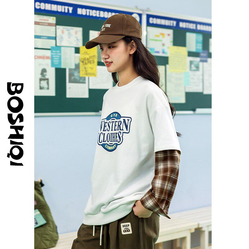 女大童假两件卫衣春秋款2024新款学院风初中学生女孩休闲百搭上衣