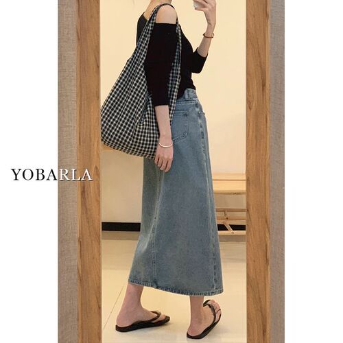 复古蓝开叉牛仔半身裙女春秋梨形身材胖mm大码显瘦中长款a字裙子