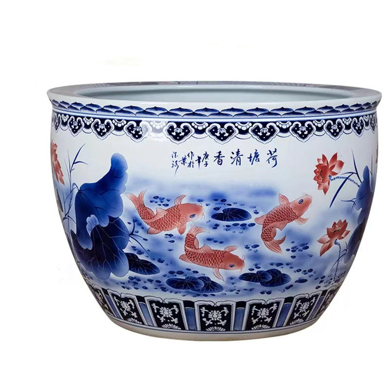 陶瓷养鱼特大缸青花手绘山水盆睡莲荷花锦鲤庭院1米种树水缸门海