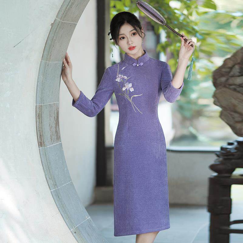 中年妈妈装复古民国风长袖加厚旗袍气质高端日常可穿不开叉茶服女