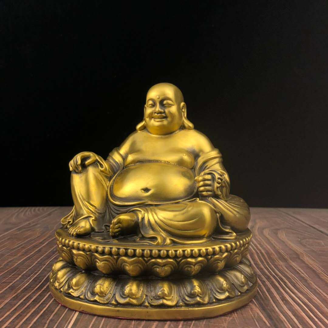 纯铜弥勒佛像摆件坐莲花布袋佛大肚佛笑佛家居玄关酒柜桌面装饰品