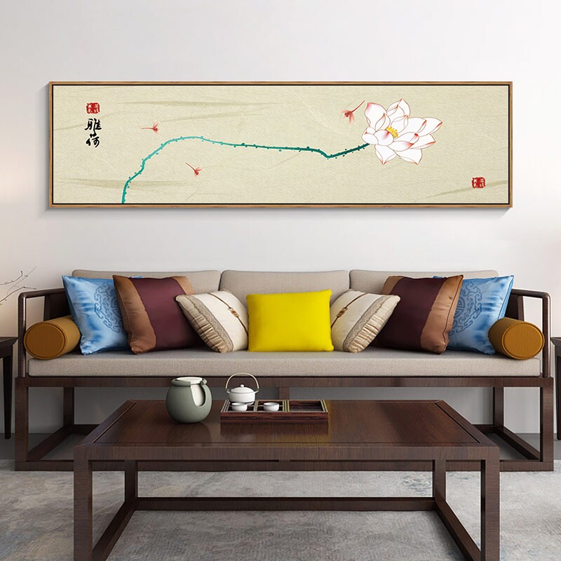 新中式卧室床头画主卧房间荷花装饰画蜻蜓游鱼老人房壁画客厅挂画