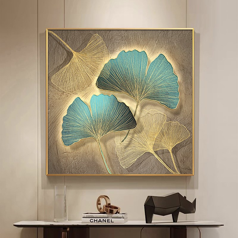 饭厅餐厅挂画装饰画轻奢高级感5d立体挂画银杏叶玄关柜摆件画方形
