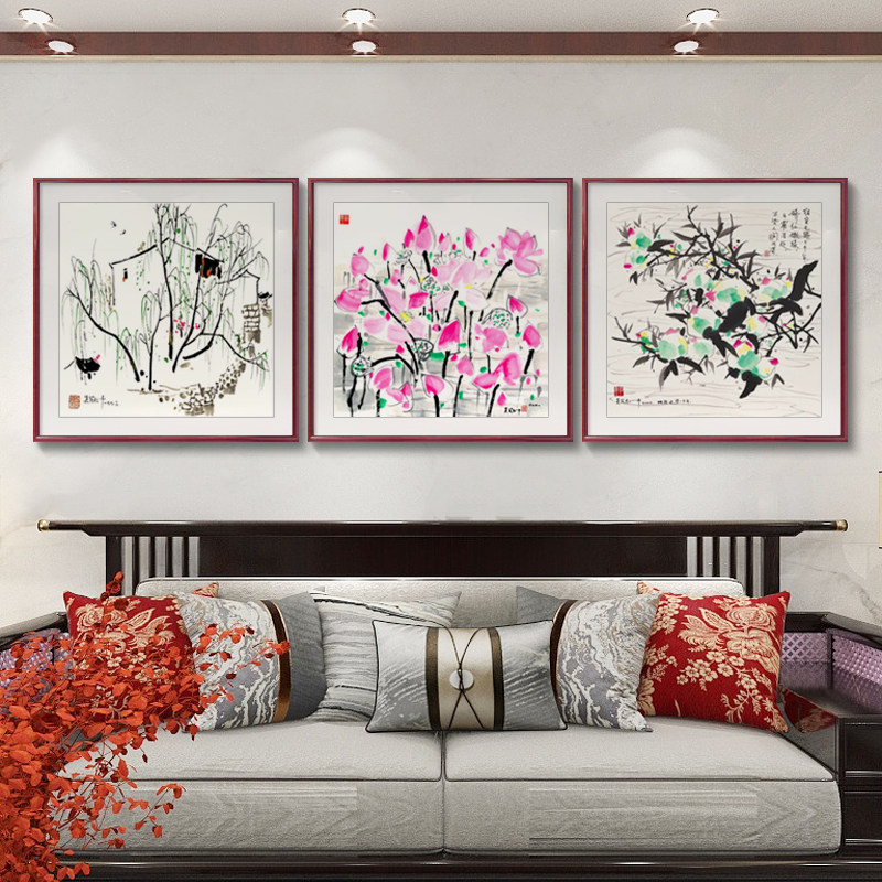 新中式吴冠中水墨画玄关画餐厅客厅斗方映日荷花禅意酒店装饰画