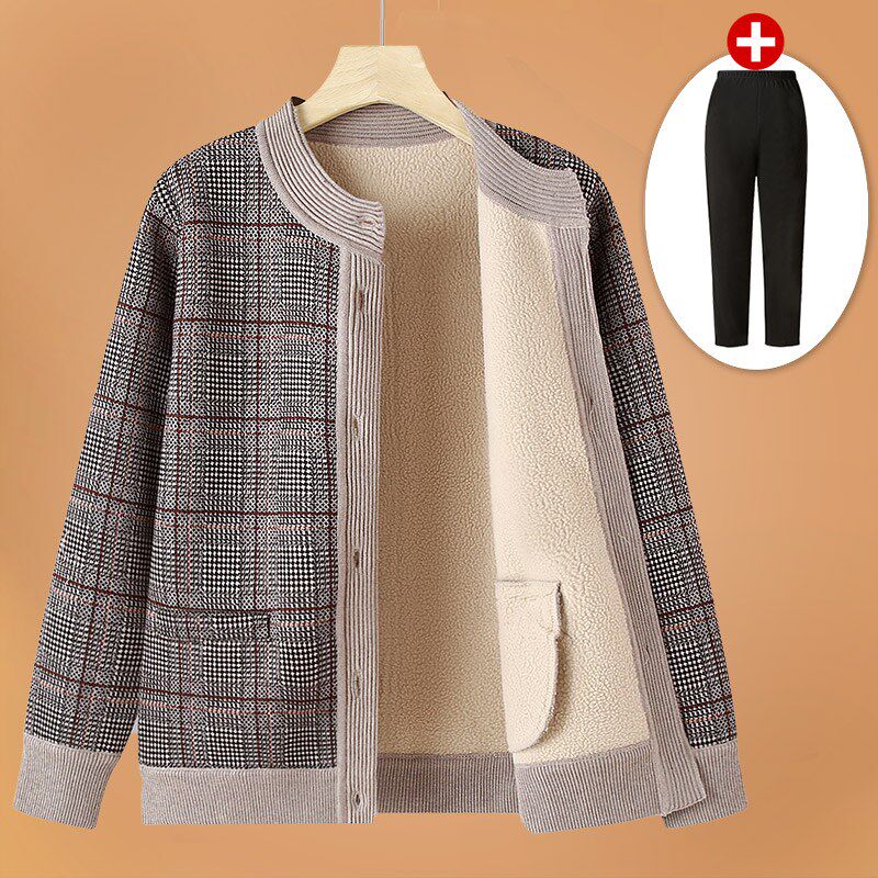 奶奶装针织衫外套老人女装秋冬加绒加厚毛衣女小个子妈妈保暖上衣