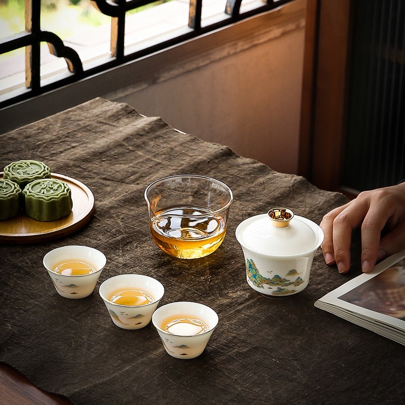千里江山盖碗快客杯便携收纳羊脂玉白瓷户外旅行茶具套装logo定制