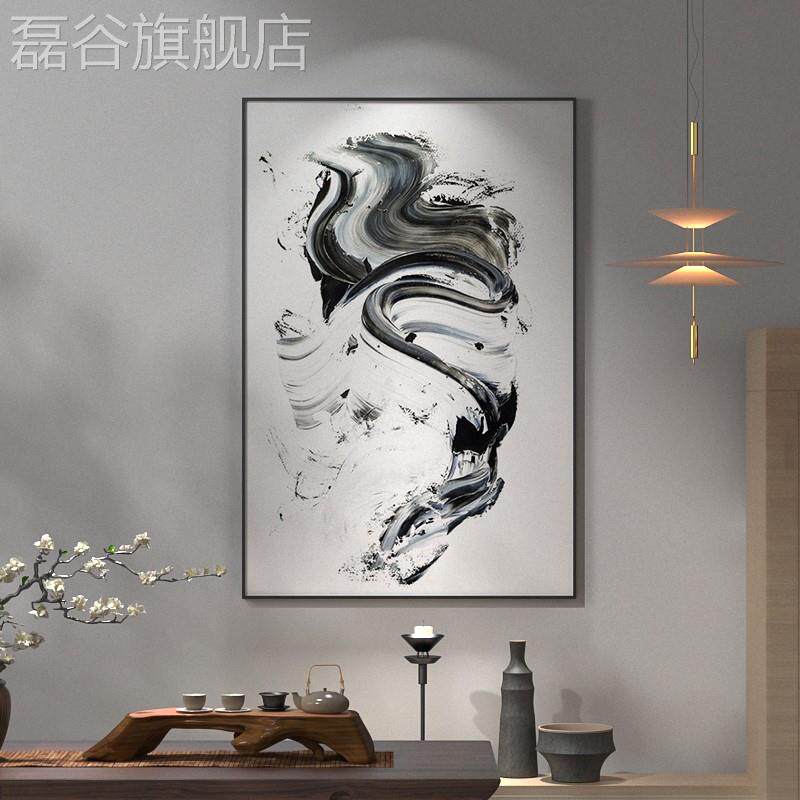 定做轻奢新中水墨景抽象黑白装饰画客厅大幅入户大厅玄式关背墙壁
