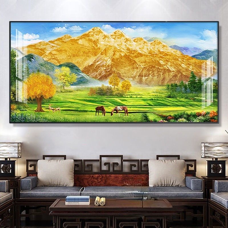背靠金山办公室挂画聚宝盆山水客厅装饰画茶室招财沙发背景墙壁画