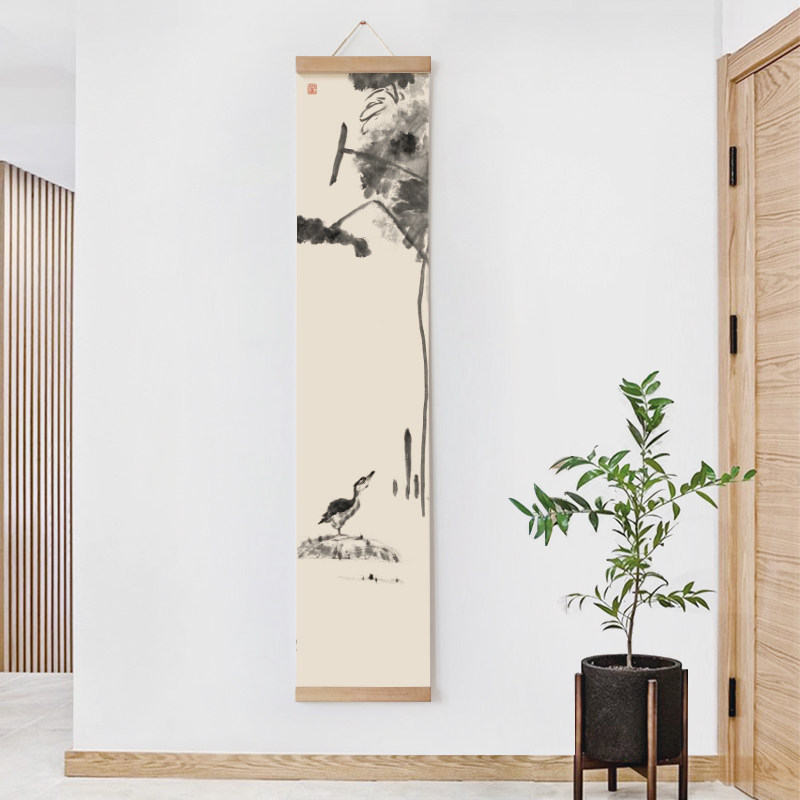 新中式背景墙装饰画花鸟国画卷轴画古代名家水墨画茶室竖长挂轴画