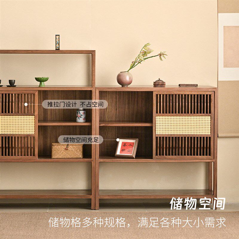 纯实木博古架展示柜子新中式餐柜置物架中古法日式厨房斗柜藤编