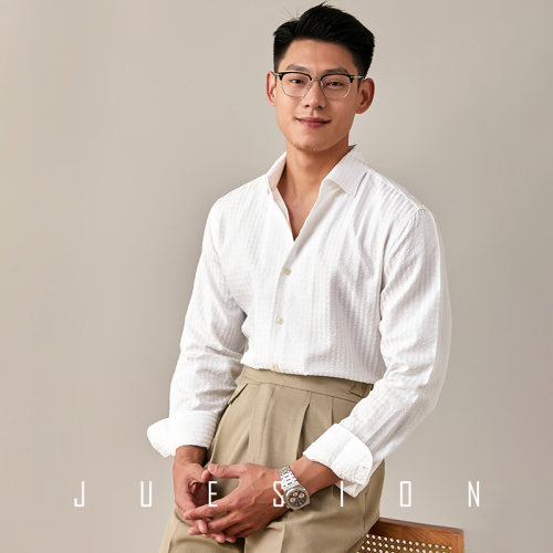 【夏日泡泡纱】JUESION 意式一片领白色衬衫男士长袖休闲薄款衬衣