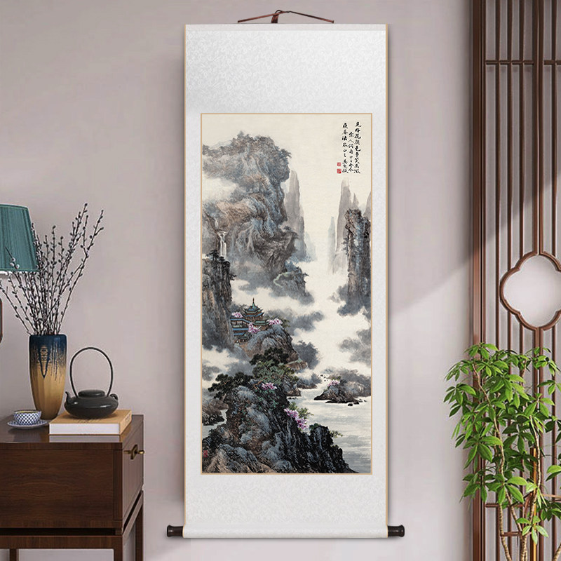 国画名家山水画新中式客厅玄关装饰画卷轴装裱字画办公室茶室挂画